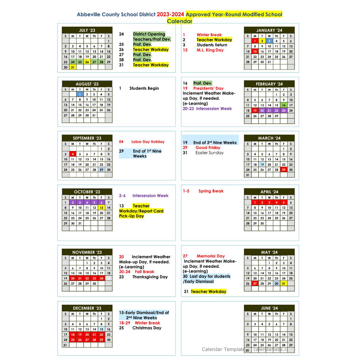 School Calendars 20232024 Greenwood and Abbeville County Weston Chapel African Methodist